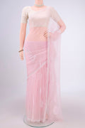 Rose pink Organza Silk Saree with Embroidery on the body and Thin Zari Line.  displayed on a mannequin