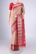 Beige Gadwal Silk Saree with Checked design on the body and Zari Border.  displayed on a mannequin