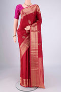 Maroon Dual Tone Soft Silk Saree with Zari Brocade on the body and Zari Border.  displayed on a mannequin