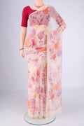 Off White Mysore Chiffon Saree with Floral Print on the body and Thin Zari Line.  displayed on a mannequin