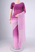 Mauve Linen Saree with Half And Half on the body and Thin Zari Line.  displayed on a mannequin