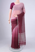 Mauve Linen Saree with Plain Body and Zari Border.  displayed on a mannequin