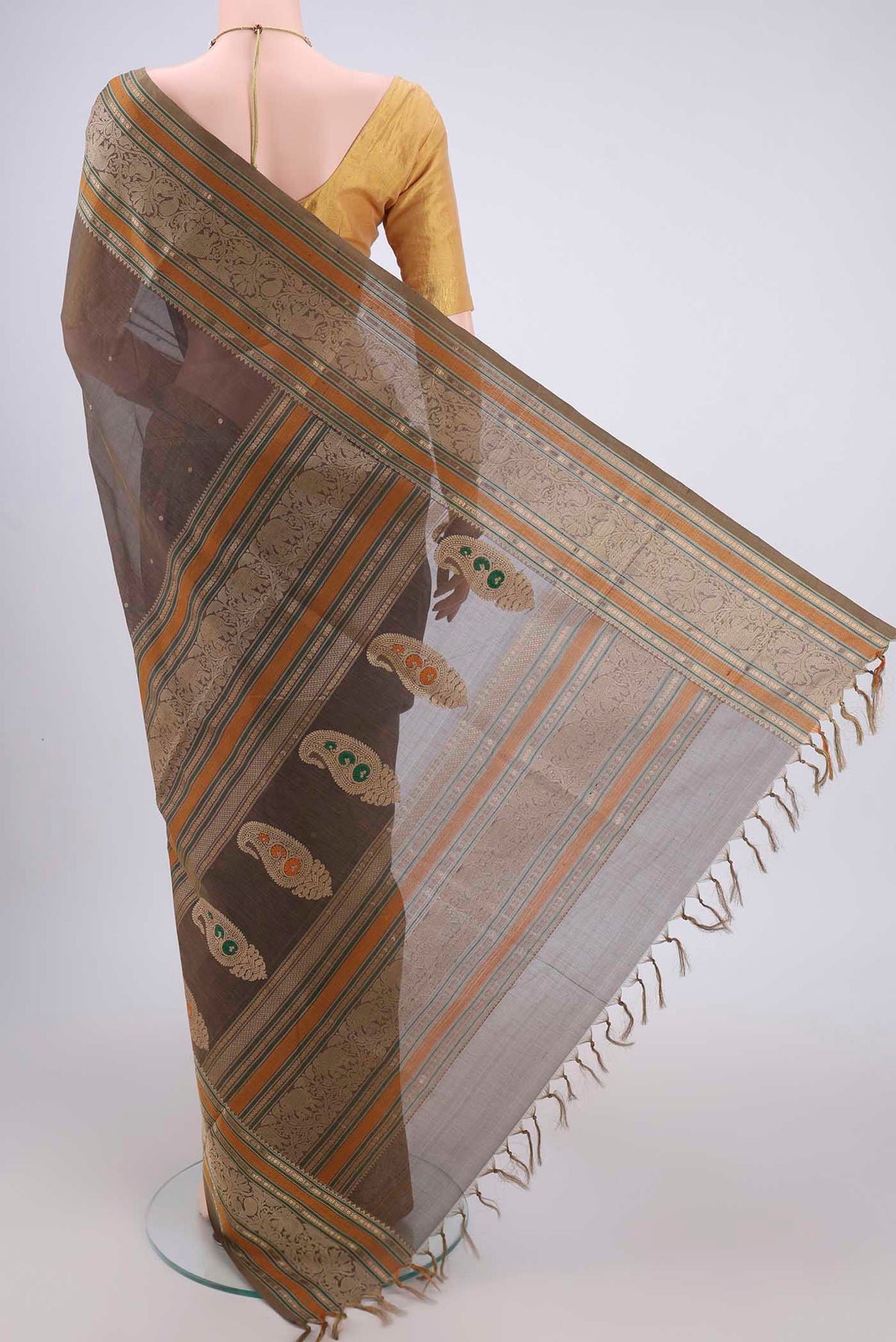 Flat view of Davys Grey Coimbatore Silk Cotton Saree with Zari Butta on the body and Zari Border. 