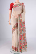 Beige Tussar Silk Saree with Kantha Work on the body and Thread Border.  displayed on a mannequin