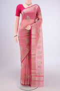 Pink Blended Kota Cotton Saree with Embroidery on the body and Zari Border.  displayed on a mannequin