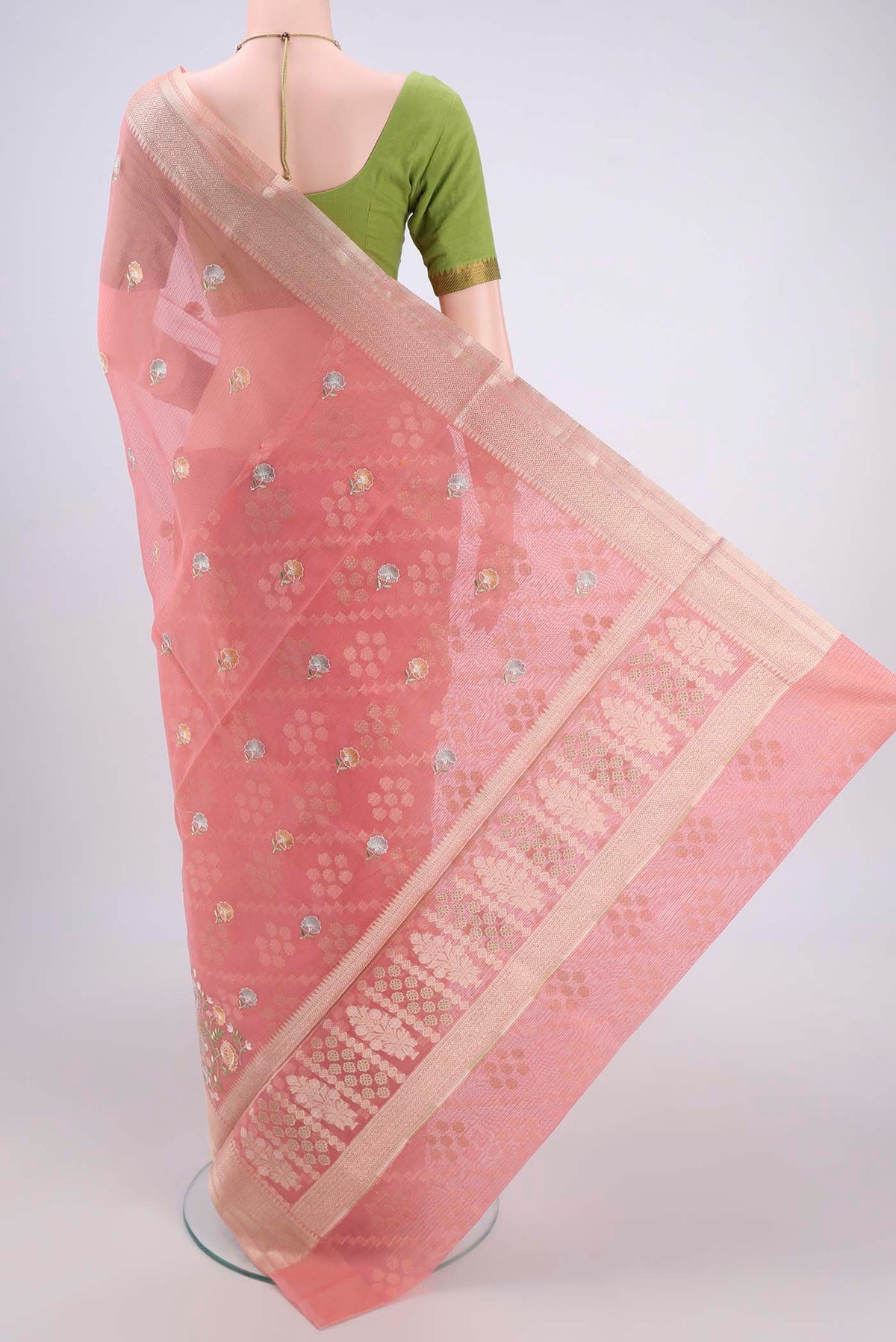 Flat view of Pink Blended Kota Cotton Saree with Embroidery on the body and Zari Border. 