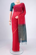 Red Kora Cotton Saree with Zari Butta on the body and Plain Border.  displayed on a mannequin