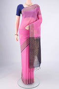 Pink Kora Cotton Saree with Zari Butta on the body and Plain Border.  displayed on a mannequin
