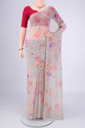Grey Mysore Chiffon Saree with Floral Print on the body and Plain Border.  displayed on a mannequin