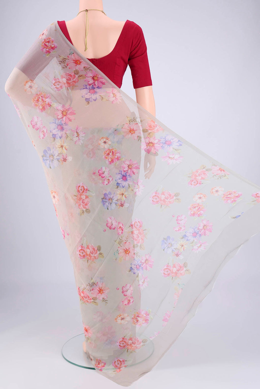 Flat view of Grey Mysore Chiffon Saree with Floral Print on the body and Plain Border. 
