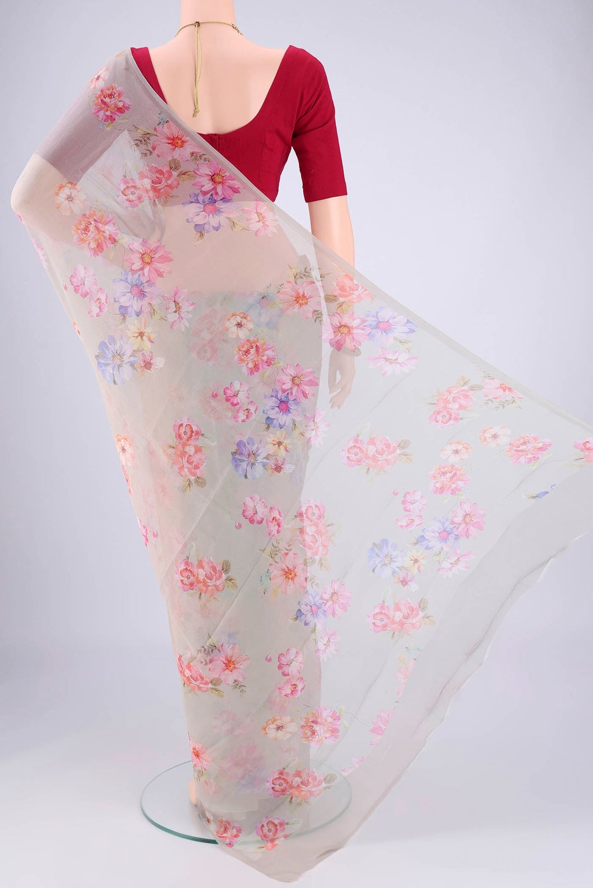 Flat view of Grey Mysore Chiffon Saree with Floral Print on the body and Plain Border. 