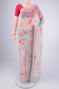 Grey Mysore Chiffon Saree with Floral Print on the body and Without Border.  displayed on a mannequin