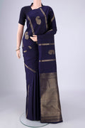 Navy Blue Soft Silk Saree with Zari Butta on the body and Without Border.  displayed on a mannequin