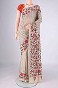 Beige Tussar Silk Saree with Kantha Work on the body and Thread Border.  displayed on a mannequin