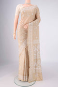 Beige Tussar Silk Saree with Kantha Work on the body and Thread Border.  displayed on a mannequin