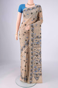 Beige Tussar Silk Saree with Kantha Work on the body and Thread Border.  displayed on a mannequin
