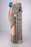 Beige Tussar Silk Saree with Kantha Work on the body and Thread Border.  displayed on a mannequin