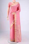 Rose pink Nangavalli Silk [ Salem ] Saree with Zari Butta on the body and Zari Border.  displayed on a mannequin