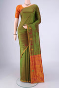 Light Green Kanchipuram Silk Saree with Plain Body and Thread Border.  displayed on a mannequin