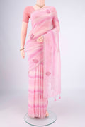 Pink Linen Saree with Embroidery on the body and Lace Border.  displayed on a mannequin