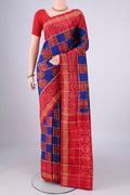Multi Color Pochampally Silk Saree with Pure Ikat on the body and Zari Border.  displayed on a mannequin