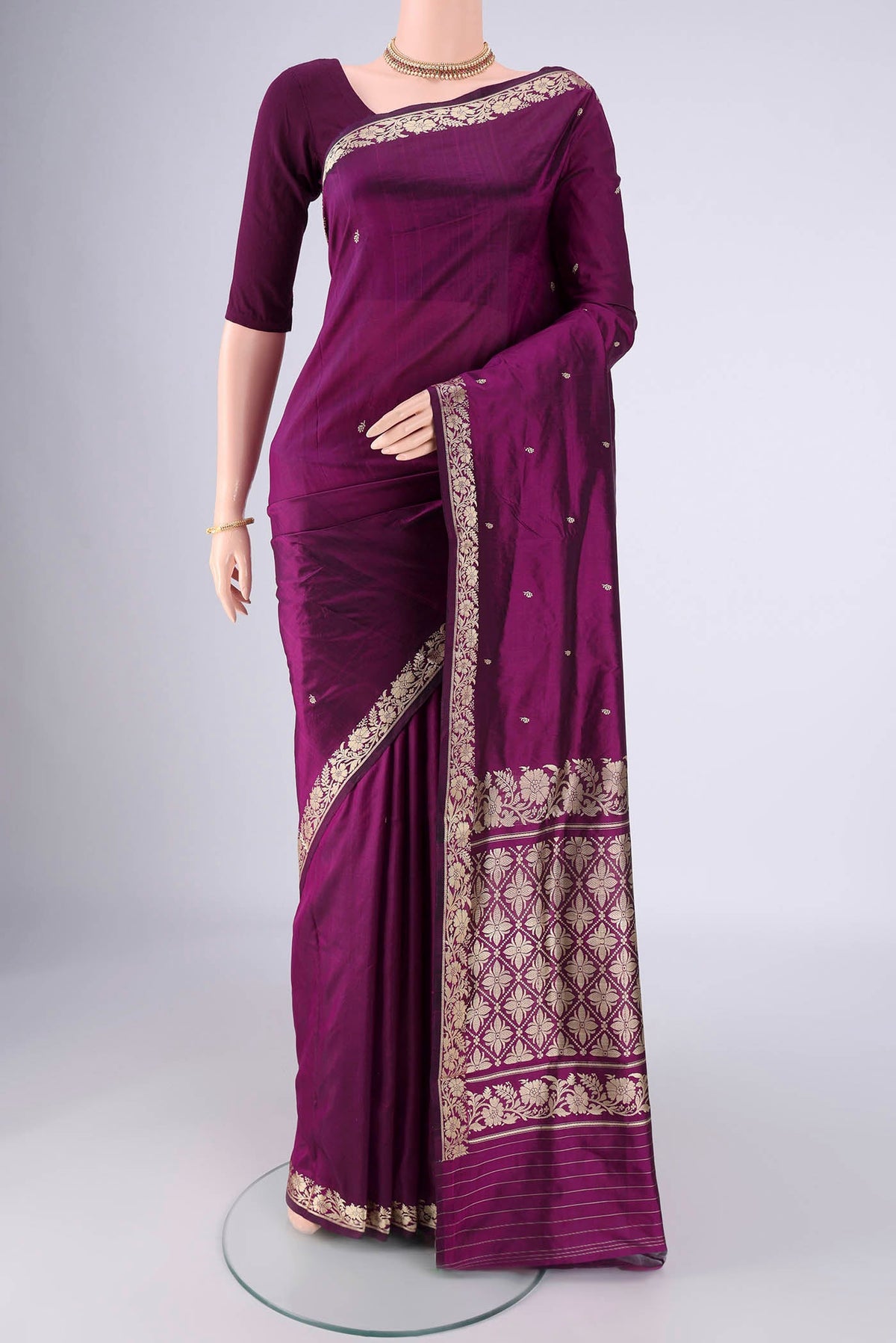 Purple Banarasi Silk Saree with Thread Butta on the body and Thread Border.  displayed on a mannequin