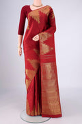 Red Kanchipuram Silk Saree with Plain Body and Temple Border.  displayed on a mannequin