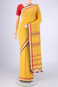 Gold with Red Dual Tone Khadi Cotton Saree with Thread Butta on the body and Plain Border.  displayed on a mannequin