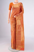 Brick Orange Dual Tone Bangalore Silk Saree with Zari Brocade on the body and Zari Border.  displayed on a mannequin