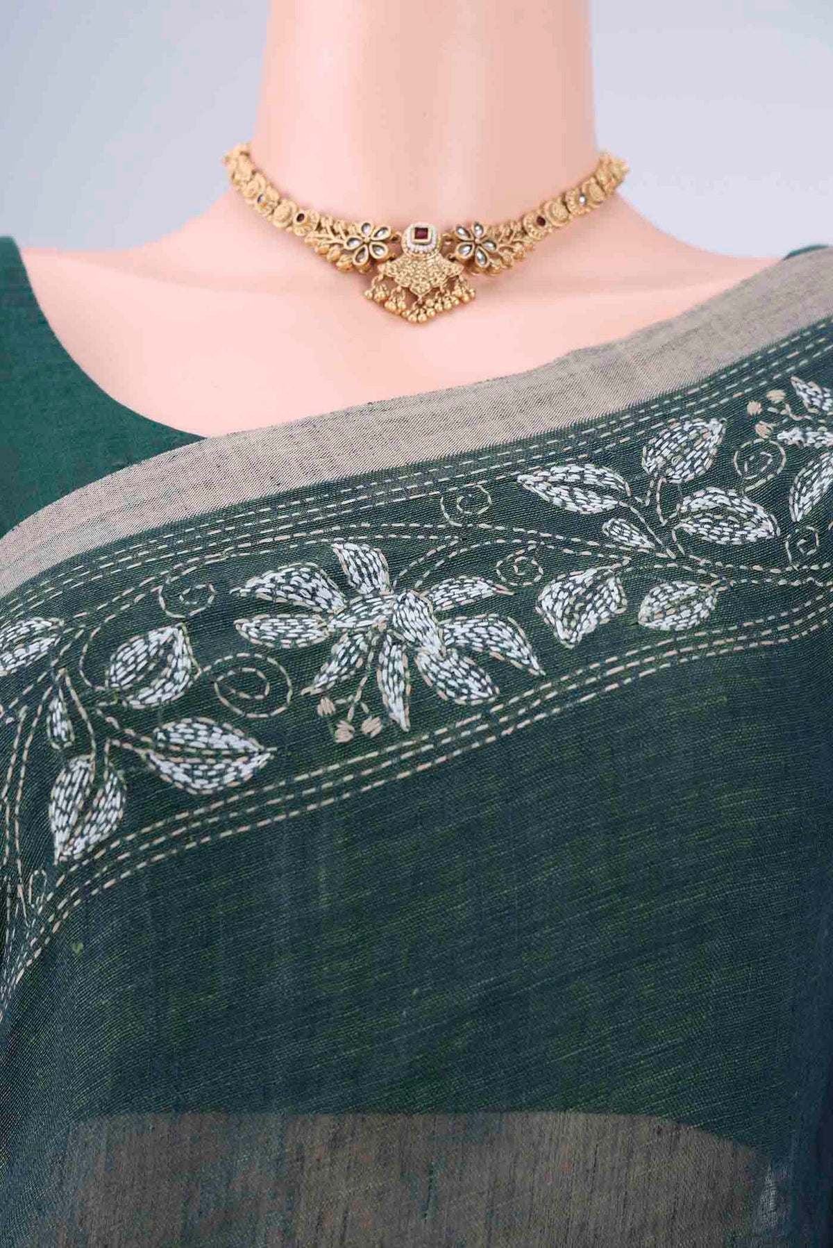 Border image of Olive Green Linen Cotton Saree with Kantha Work on the body and Thread Border. 