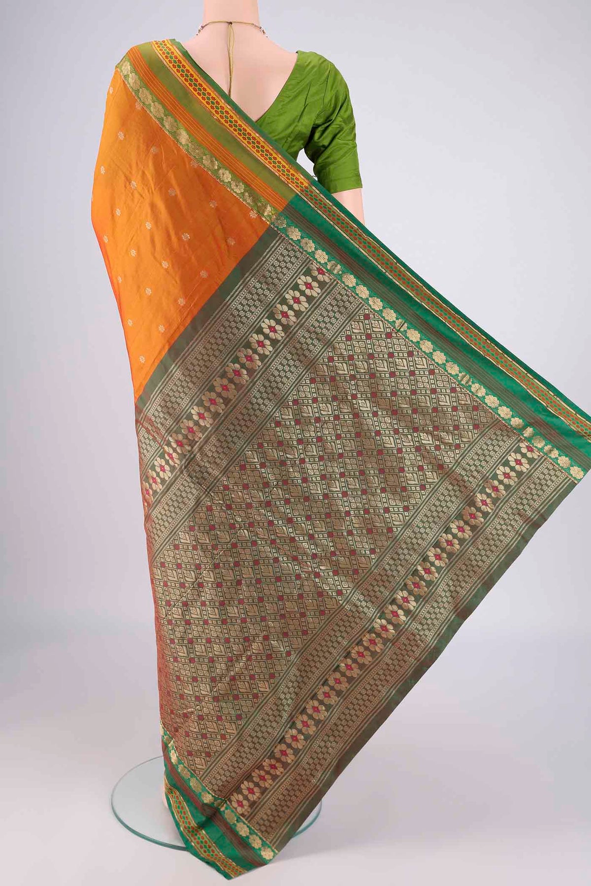 Flat view of Mustard Blended Bangalore Silk Saree with Zari Butta on the body and Zari Border. 
