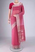 Rose pink Silk Cotton Saree with Zari Butta on the body and Zari Border.  displayed on a mannequin