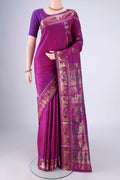 Purple Baluchari Silk Saree with Zari And Thread Butta on the body and Zari And Thread Border.  displayed on a mannequin
