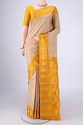 Beige Gadwal Silk Saree with Checked design on the body and Zari Border.  displayed on a mannequin