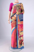 Multi Color Mysore Crepe Saree with Printed design on the body and Printed Border.  displayed on a mannequin