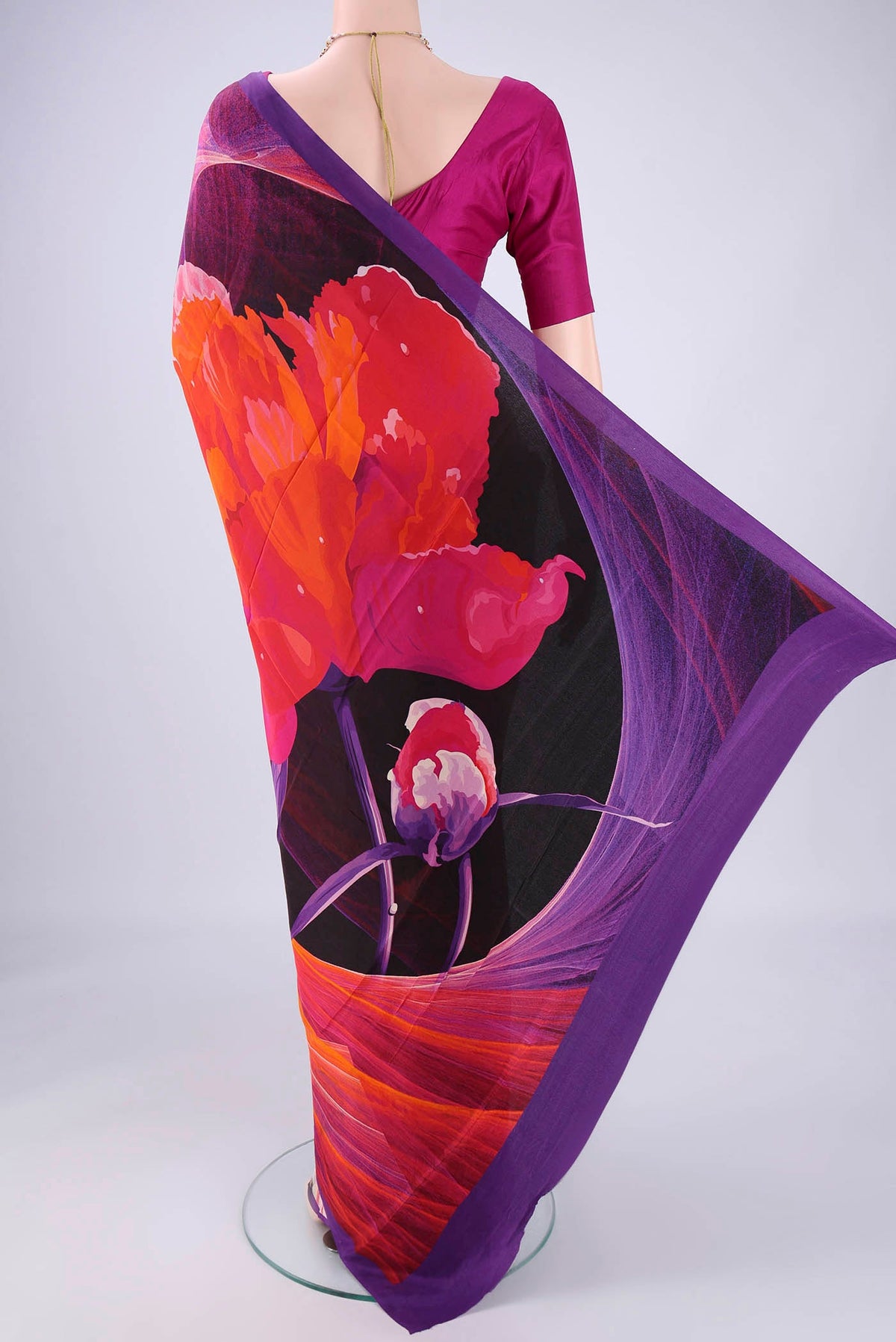Flat view of Multi Color Mysore Crepe Saree with Printed design on the body and Printed Border. 