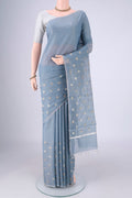 Sky Blue MP Tussar Saree with Zari Butta on the body and Thin Zari Line.  displayed on a mannequin