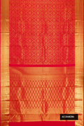 Red Dual Tone Kanchipuram Silk Saree with Zari Brocade on the body and Zari Border.  displayed on a mannequin