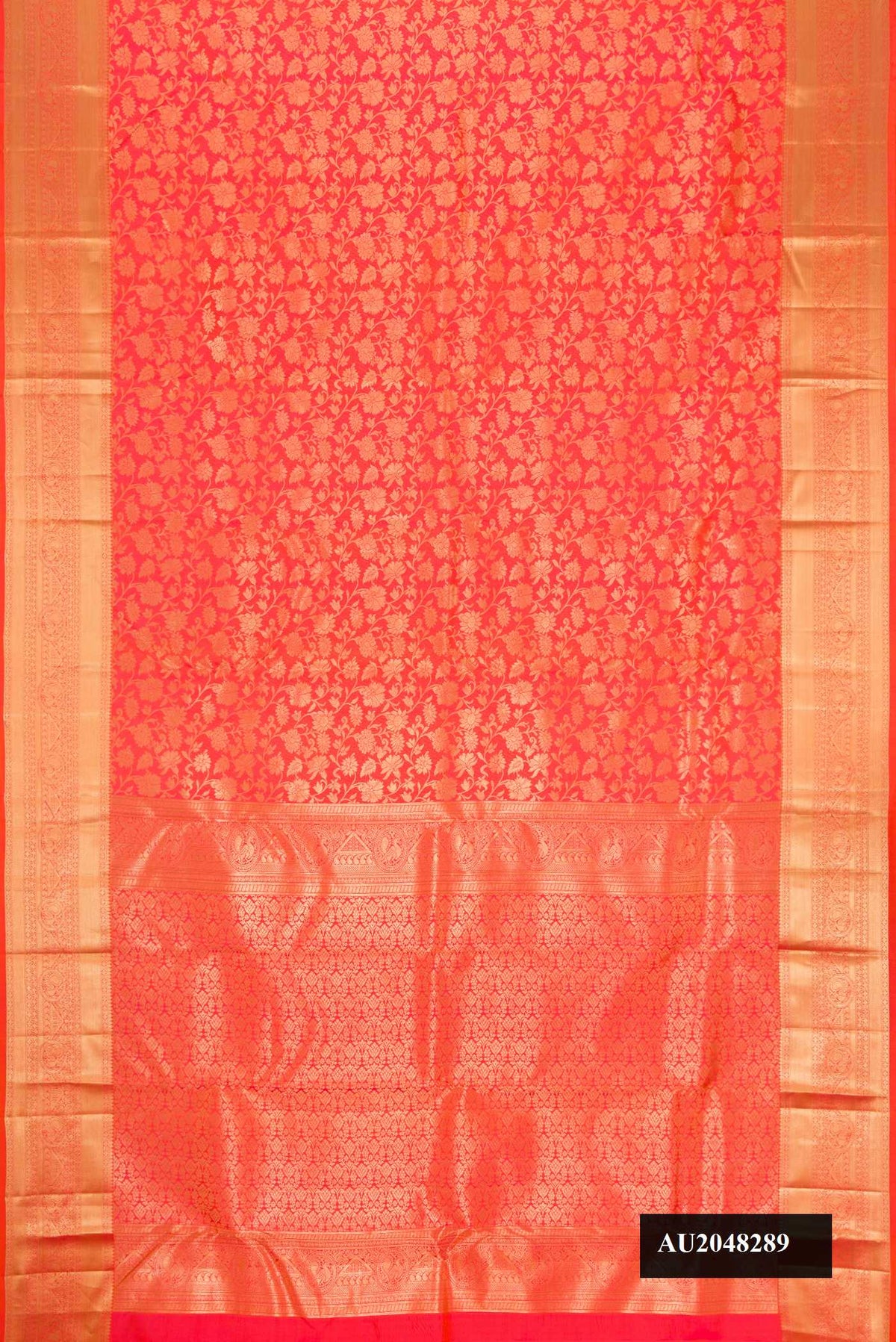 Orange Dual Tone Kanchipuram Silk Saree with Zari Brocade on the body and Zari Border.  displayed on a mannequin