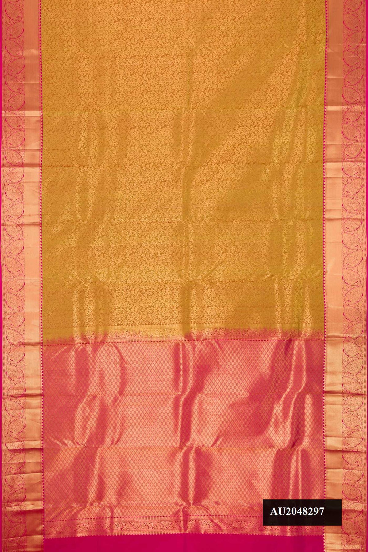 Mehandi Green Dual Tone Kanchipuram Silk Saree with Zari Brocade on the body and Zari Border.  displayed on a mannequin