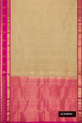 Dark Beige Dual Tone Kanchipuram Silk Saree with Zari Butta on the body and Zari Border.  displayed on a mannequin