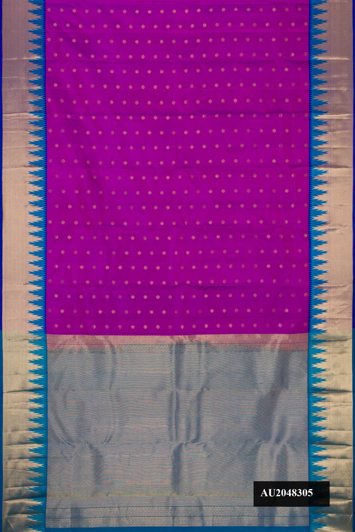 Purple Dual Tone Kanchipuram Silk Saree with Zari Butta on the body and Zari Border.  displayed on a mannequin
