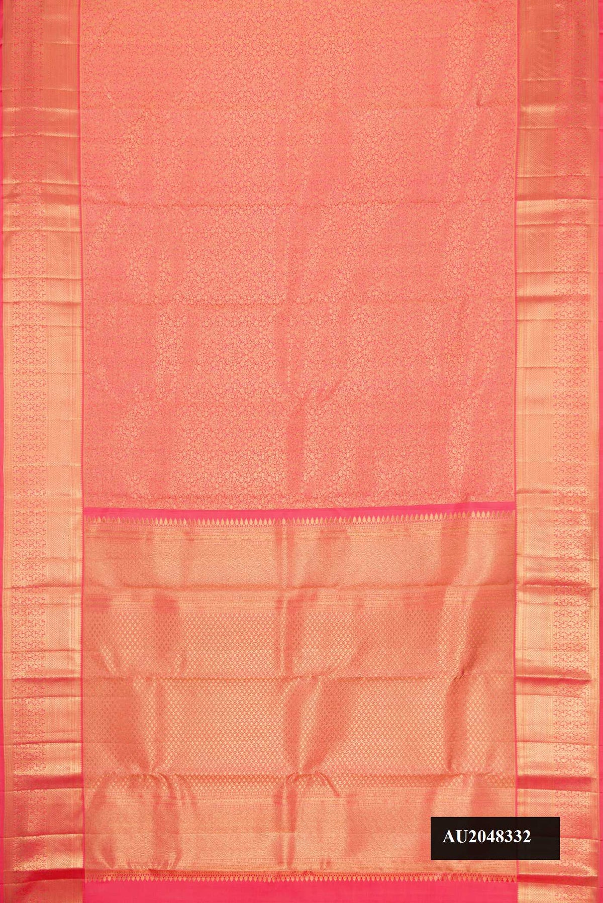 Pink Dual Tone Kanchipuram Silk Saree with Zari Brocade on the body and Zari Border.  displayed on a mannequin