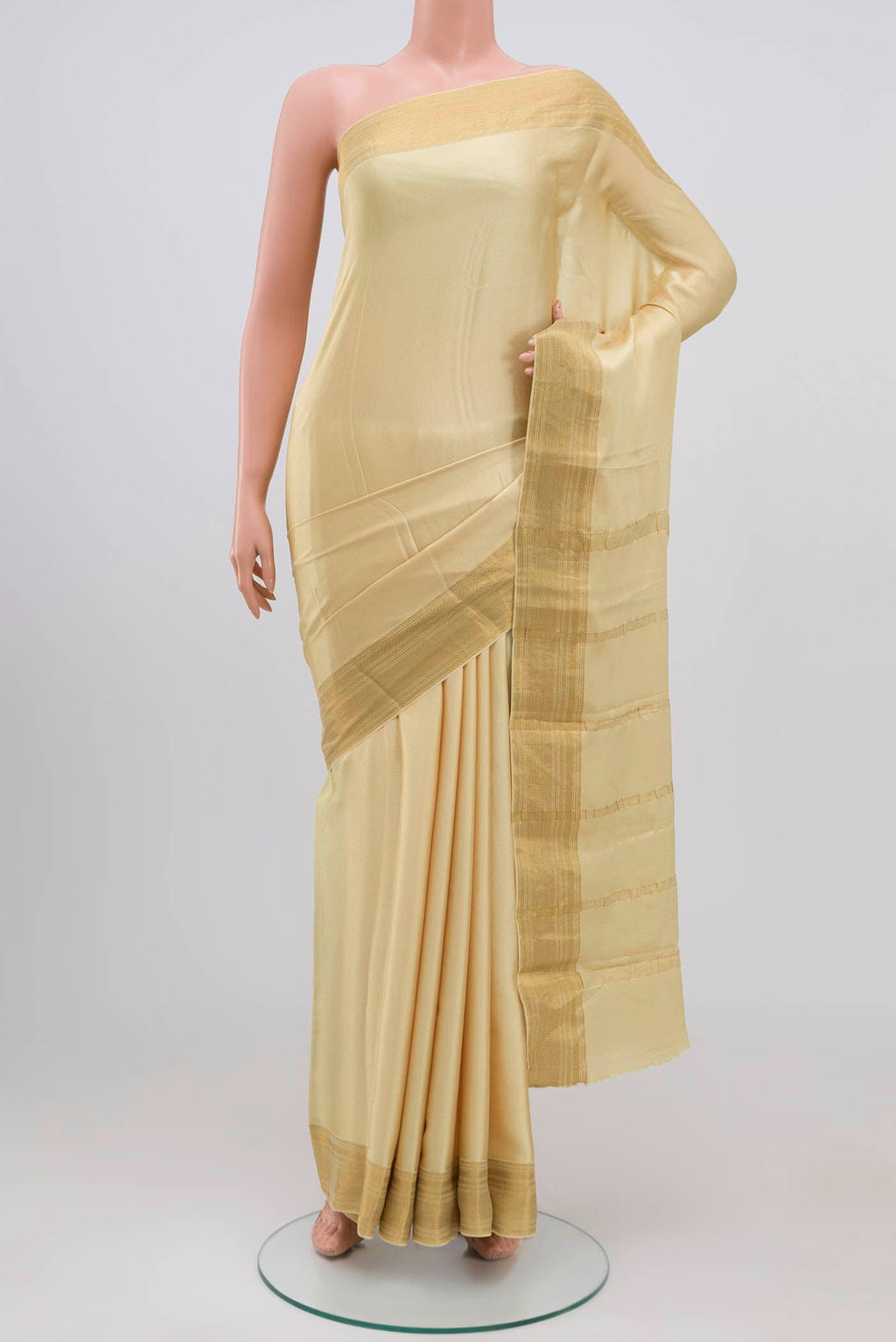 Yellow Satin Silk Saree with Plain Body and Zari Border.  displayed on a mannequin