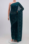 Blue Blended Georgette Saree with Embroidery on the body and Embroidery Border.  displayed on a mannequin