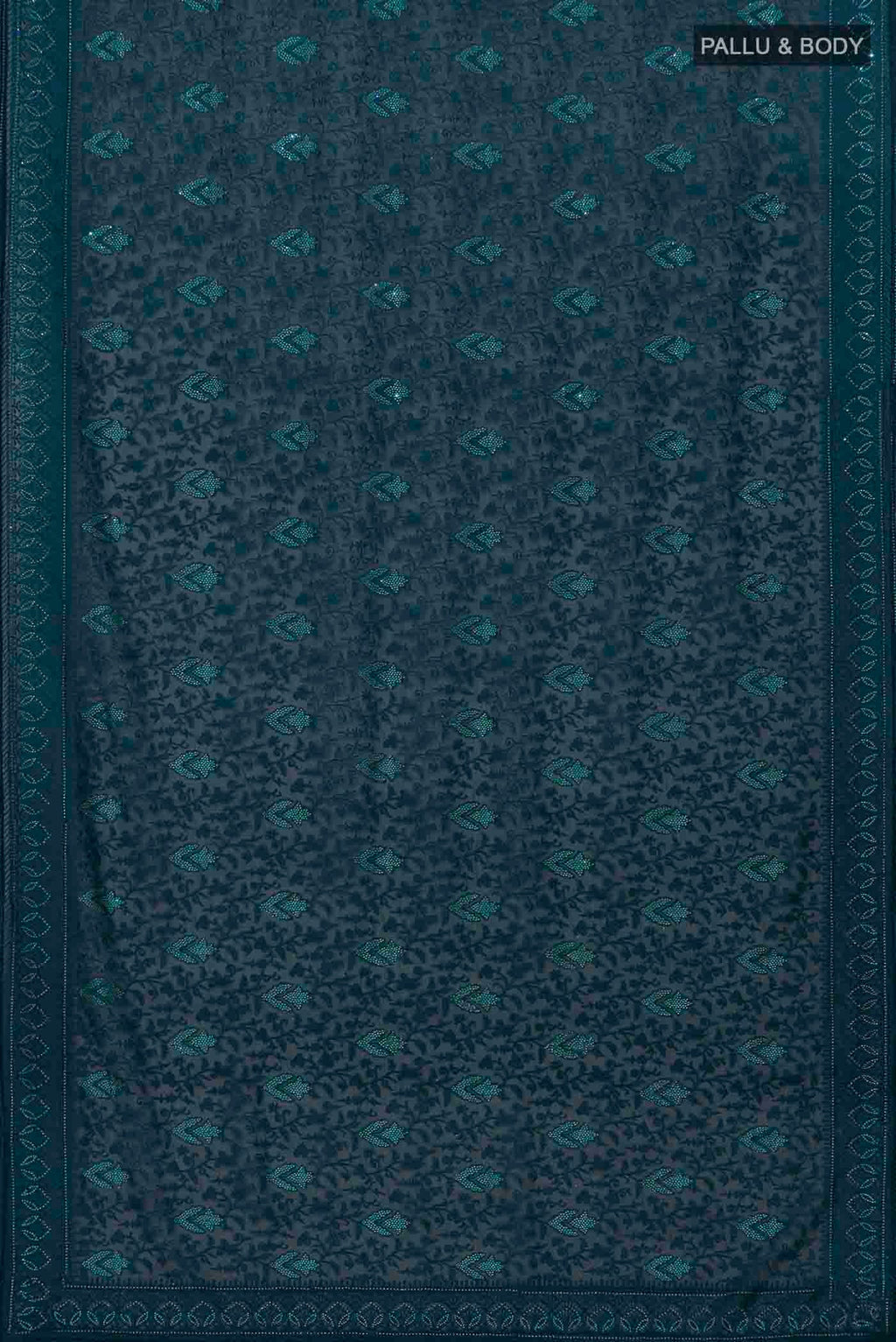 Flat view of Blue Blended Georgette Saree with Embroidery on the body and Embroidery Border. 