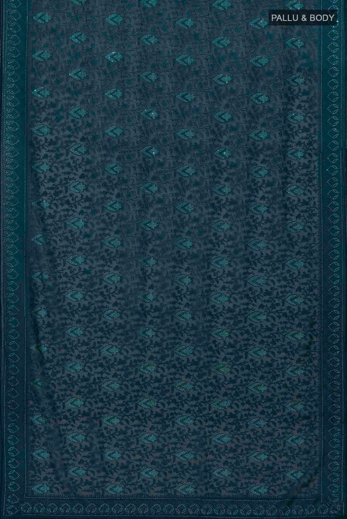Flat view of Blue Blended Georgette Saree with Embroidery on the body and Embroidery Border. 