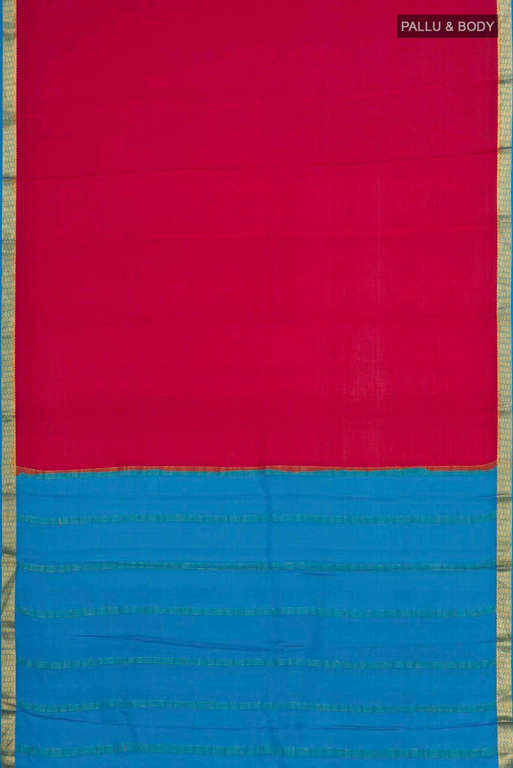 Flat view of Red Mysore Crepe Saree with Plain Body and Zari Border. 