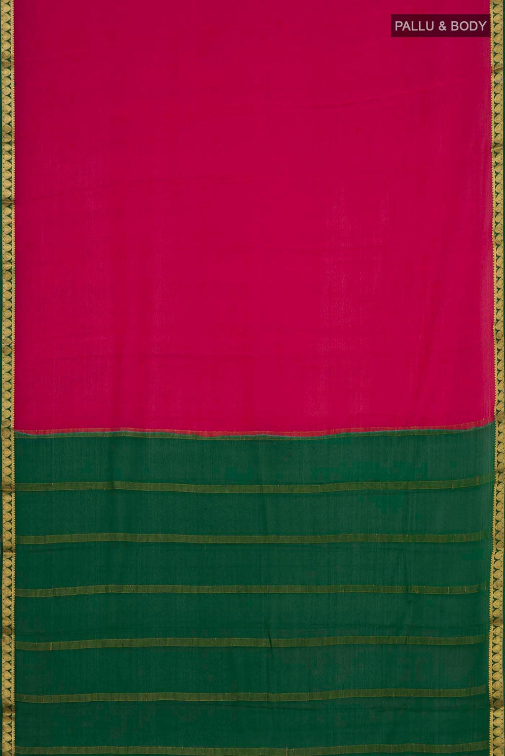 Flat view of Maroon Mysore Crepe Saree with Plain Body and Zari Border. 