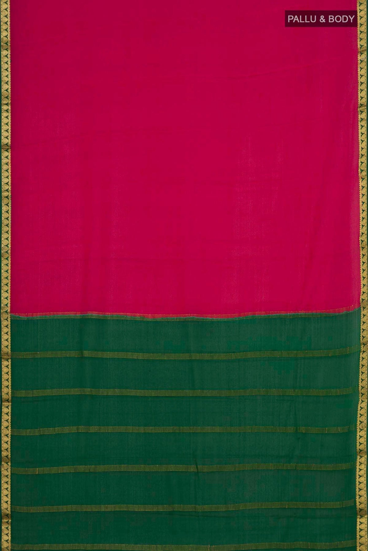 Flat view of Maroon Mysore Crepe Saree with Plain Body and Zari Border. 